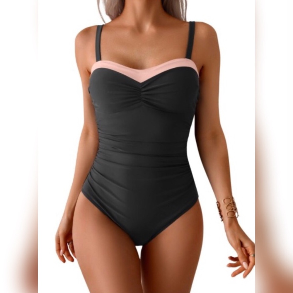 Black One-Piece Swimsuit with Pink Trim